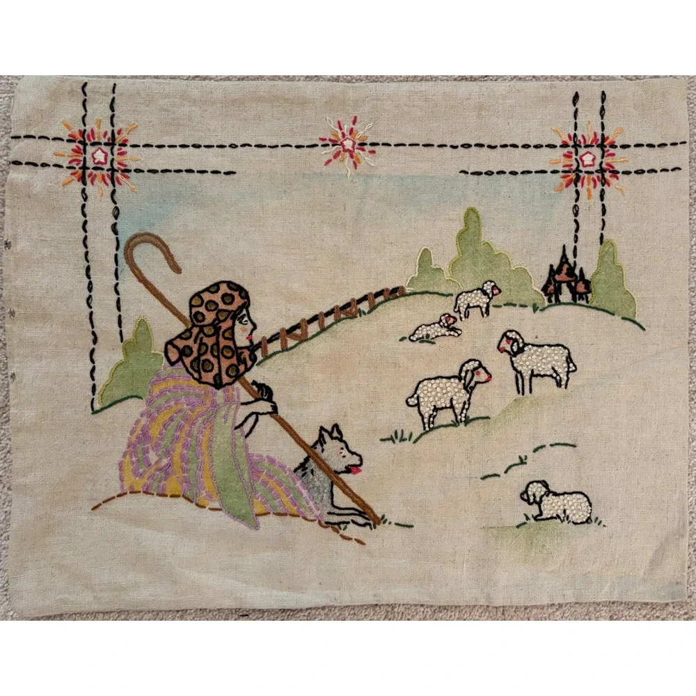 Vintage Hand Embroidered Linen Shepherd & Sheep Pastoral‎ Folk Art Pillow Case